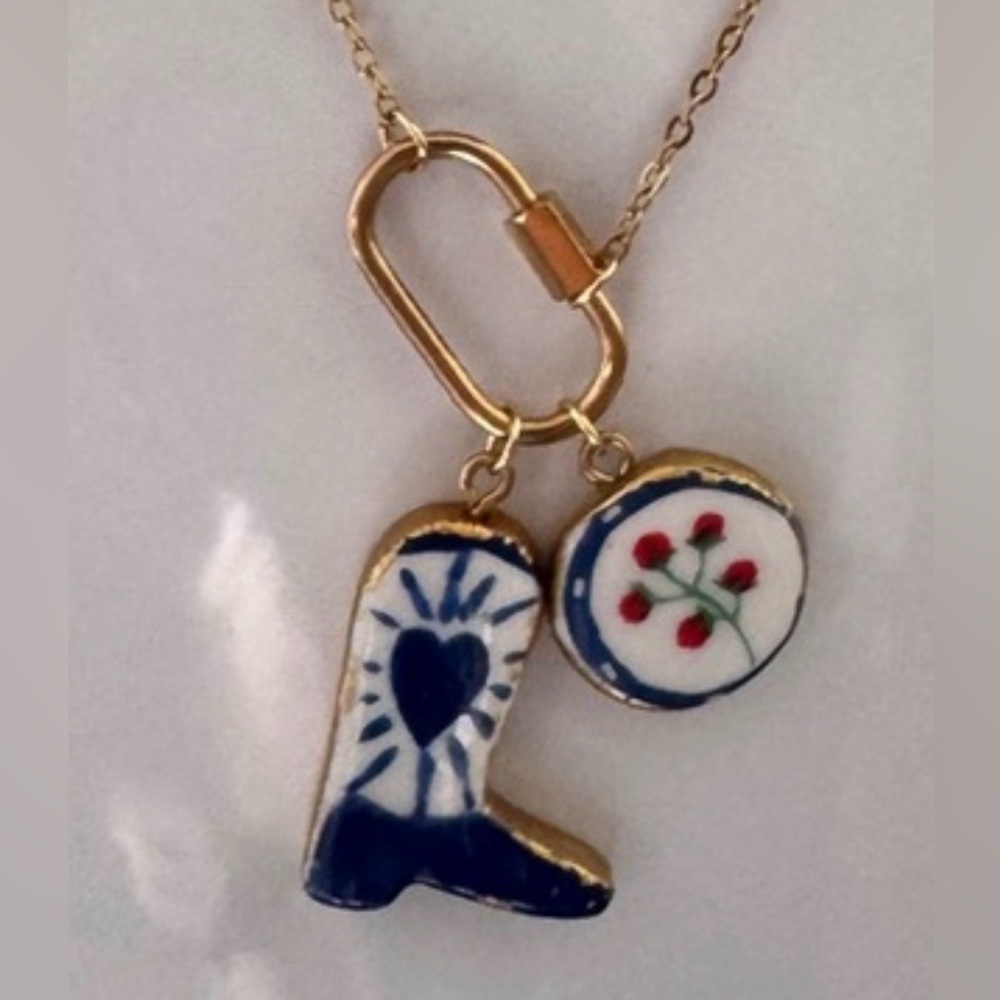 Gold Plated 304 SS Necklace with Ceramic Boot and Floral Charms